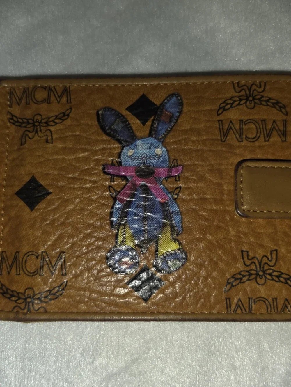 MCM Cognac Leather Card Holder with Multicolor Bunny Graphic